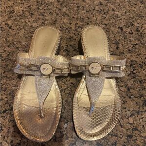 Metallic Gold Mark Fisher Sandals with Decorative Emblem